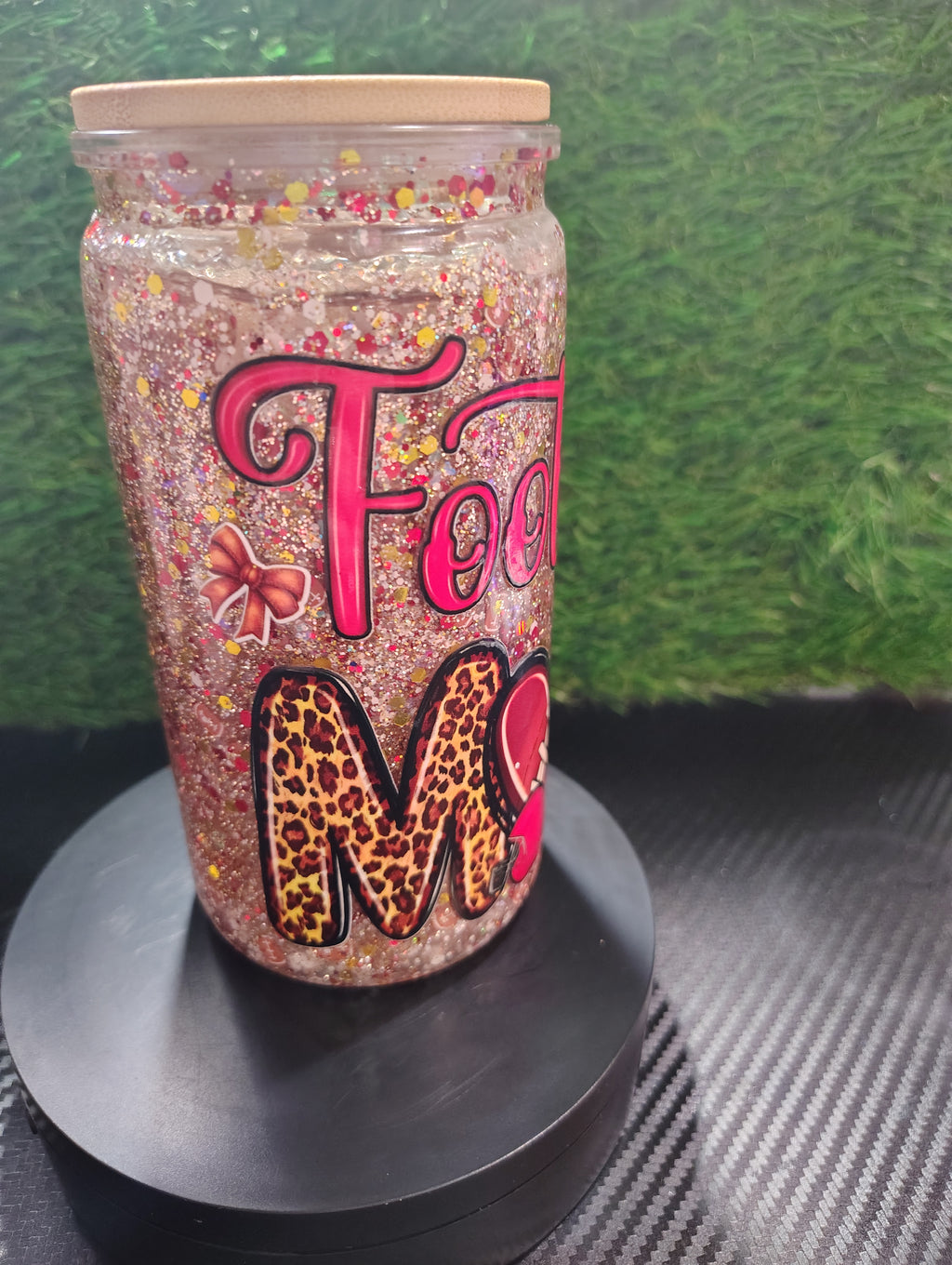 (pre-made) football mom with bamboo Lid (glitter)16oz sold