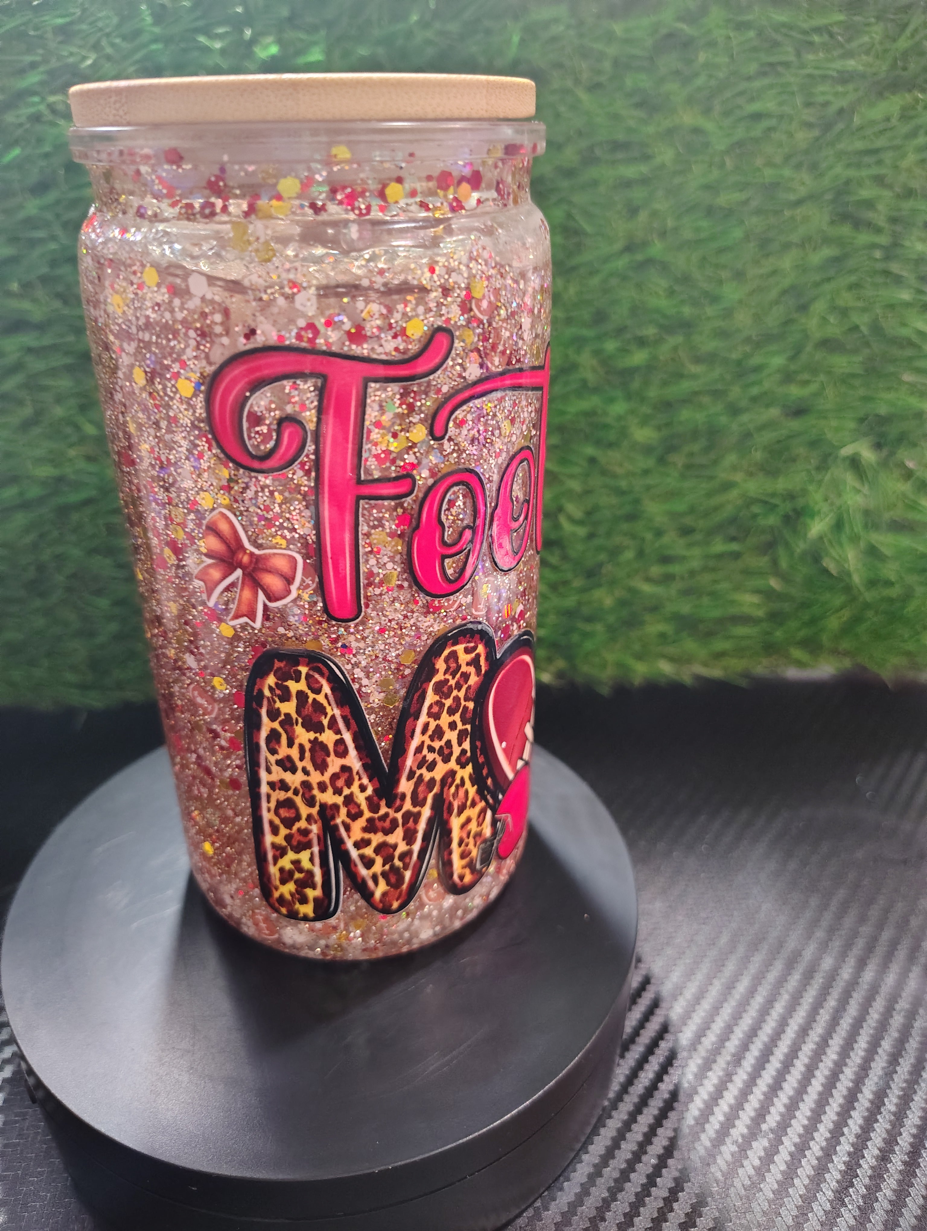 (pre-made) football mom with bamboo Lid (glitter)16oz sold