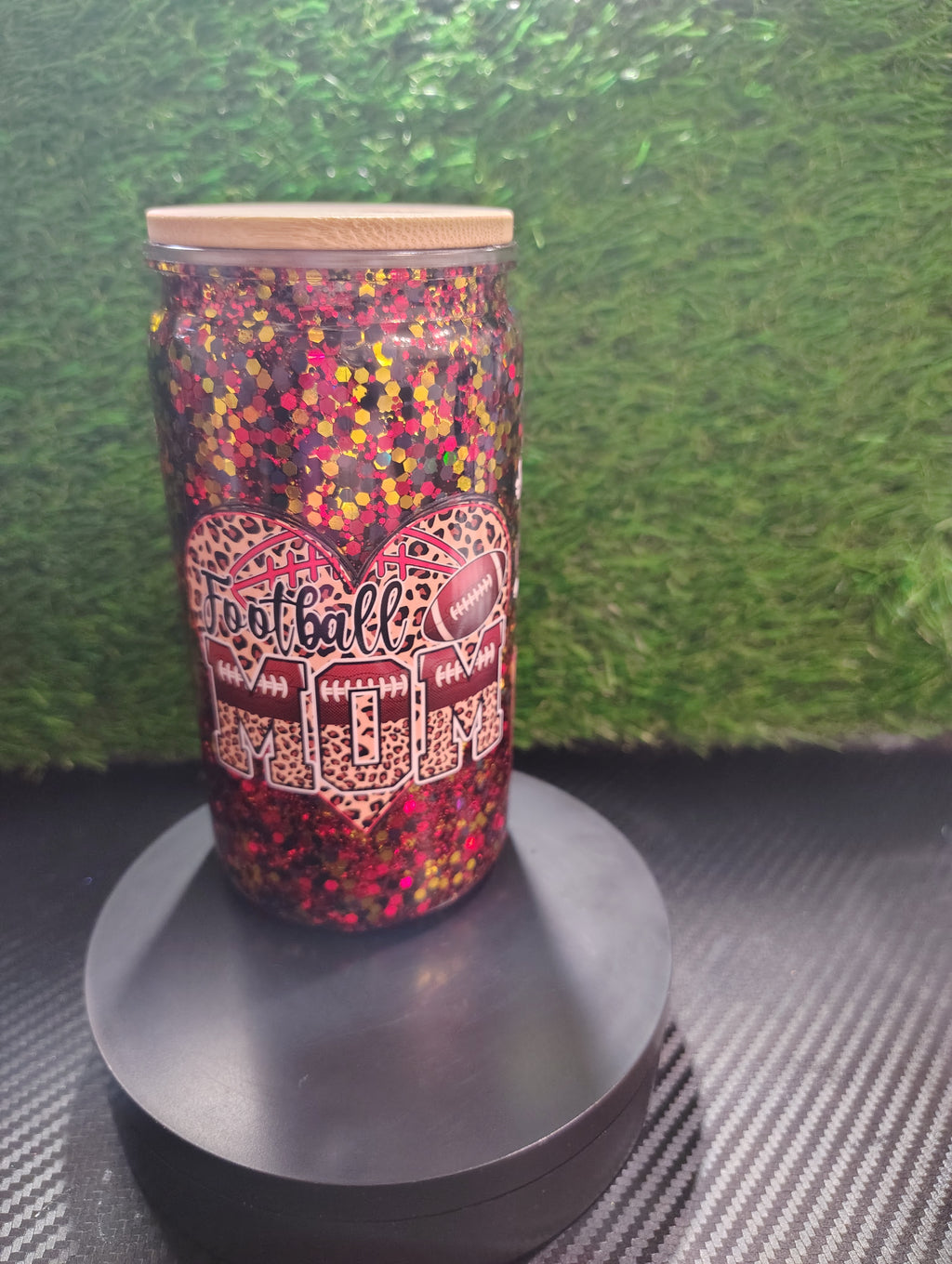 Football mom glitter 16oz with bamboo Lid