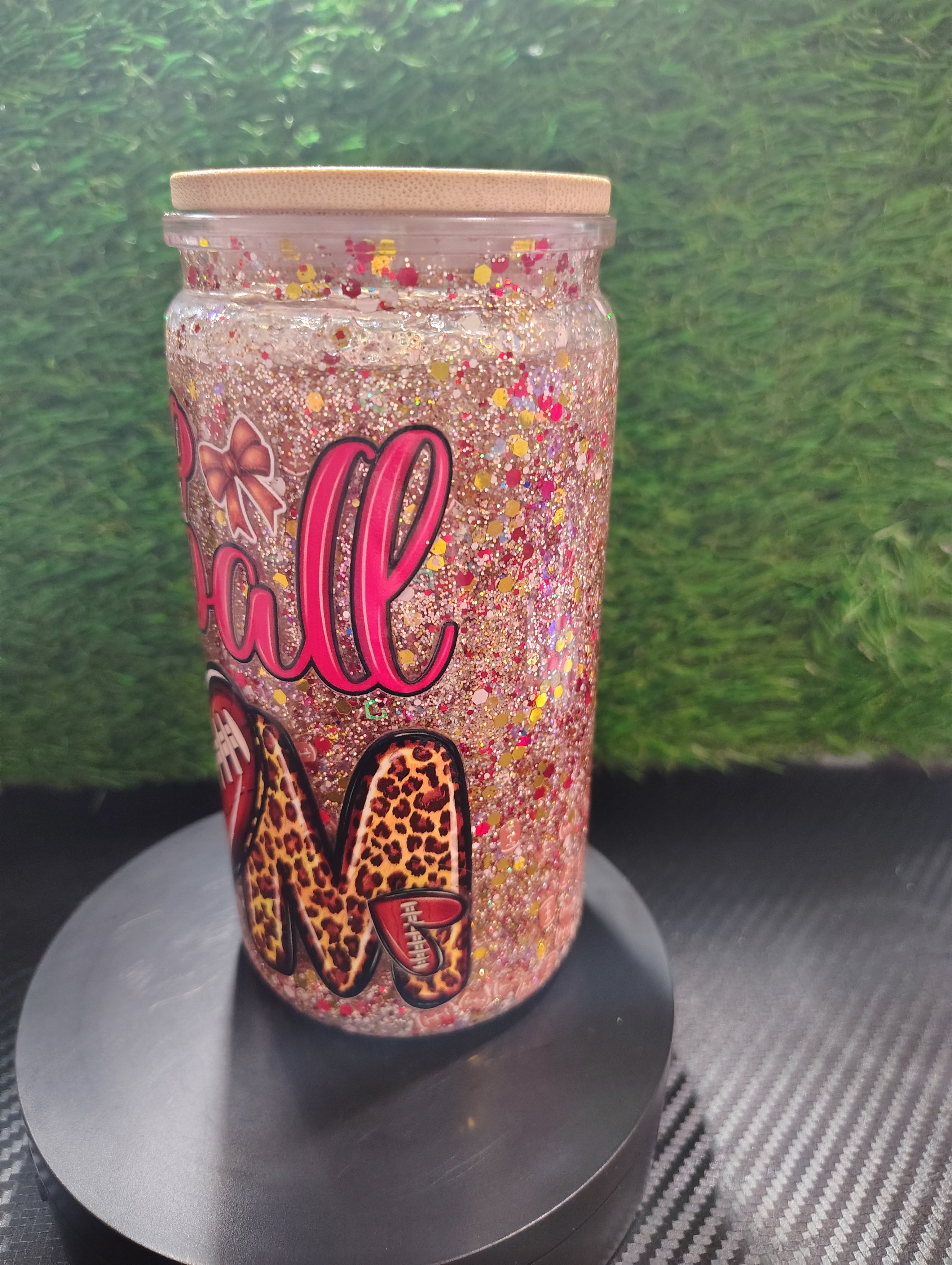 (pre-made) football mom with bamboo Lid (glitter)16oz sold
