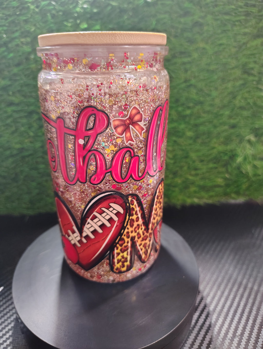 (pre-made) football mom with bamboo Lid (glitter)16oz sold