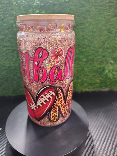 (pre-made) football mom with bamboo Lid (glitter)16oz sold