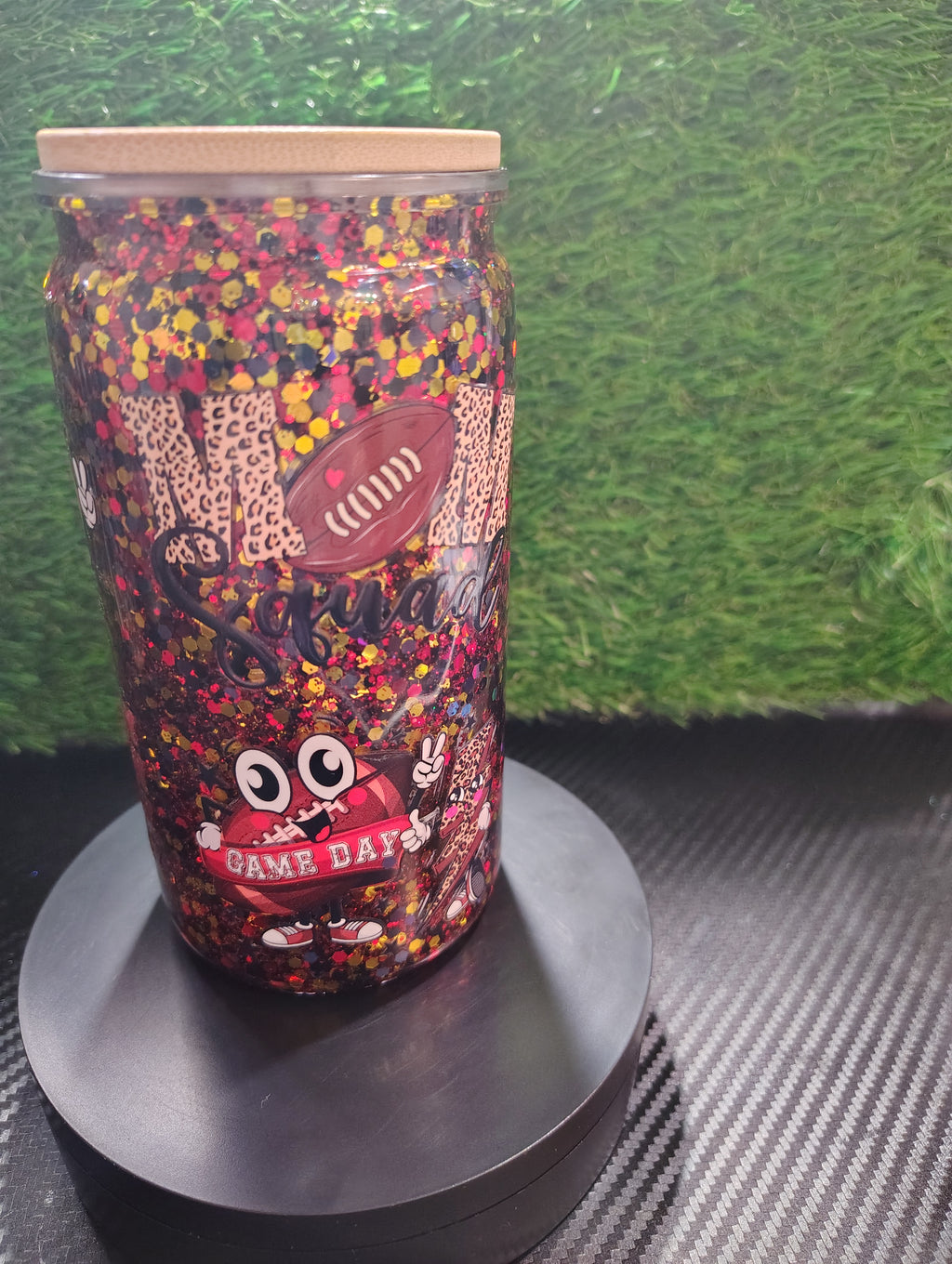 Football mom glitter 16oz with bamboo Lid